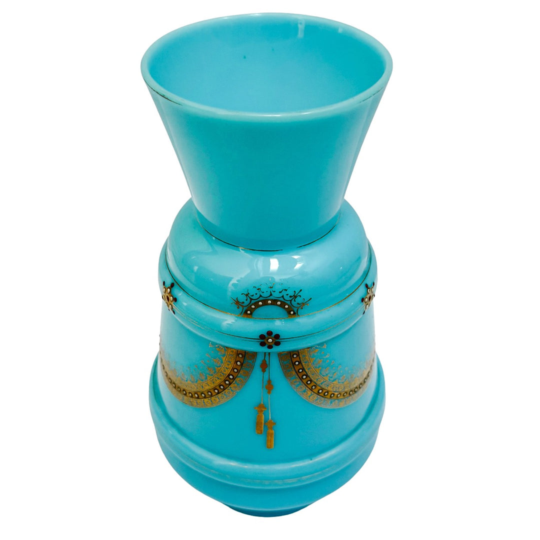 Antique 19th Century French Blue Celeste Opaline Glass Vase With Hand-Painted Jeweled Enamel