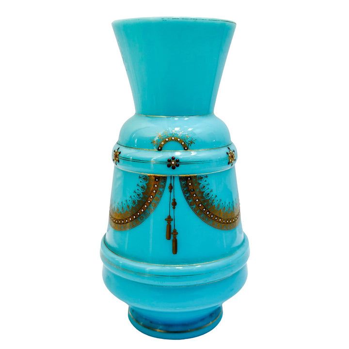 Antique 19th Century French Blue Celeste Opaline Glass Vase With Hand-Painted Jeweled Enamel
