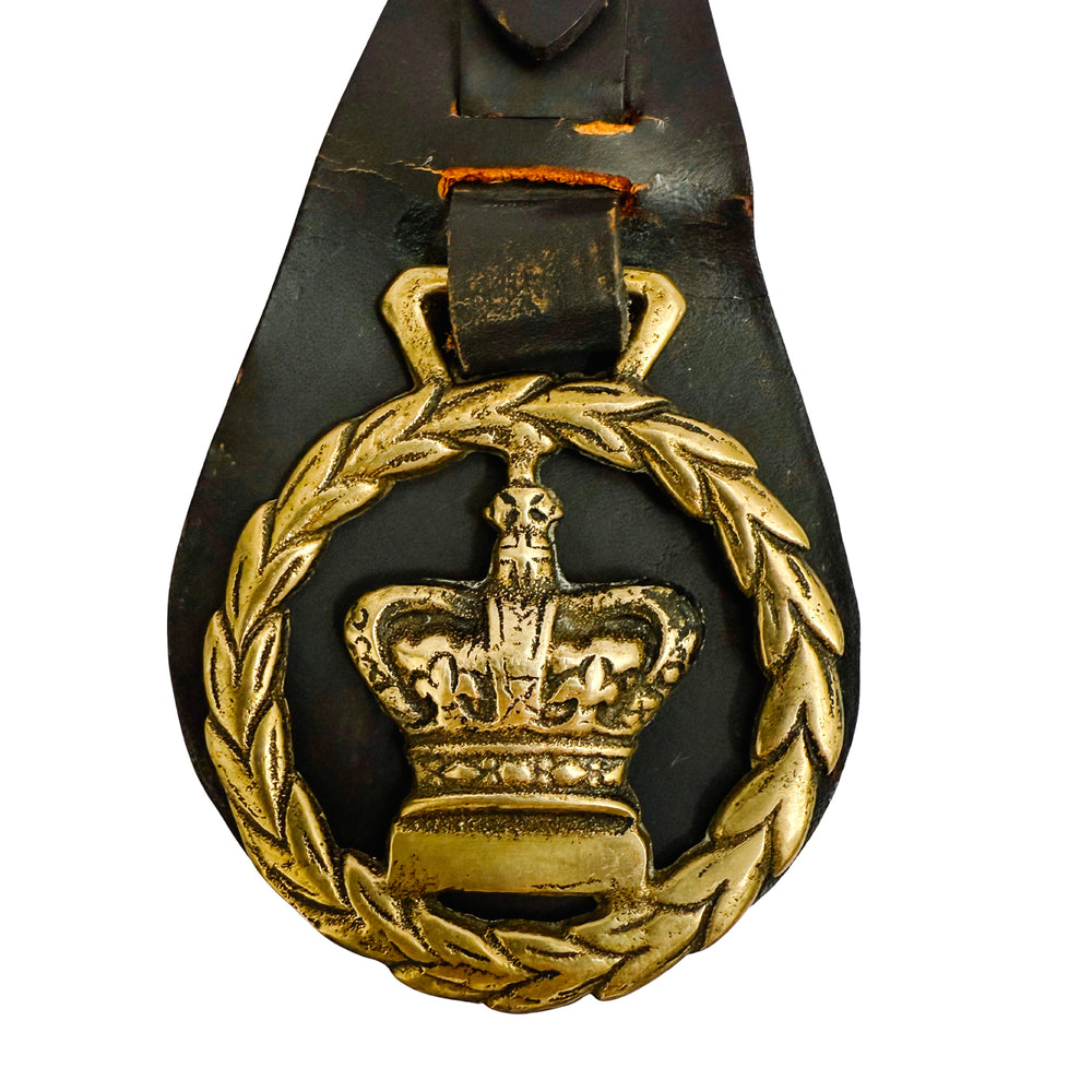 Antique British Royal Crown on Leather Military Horse Medallion
