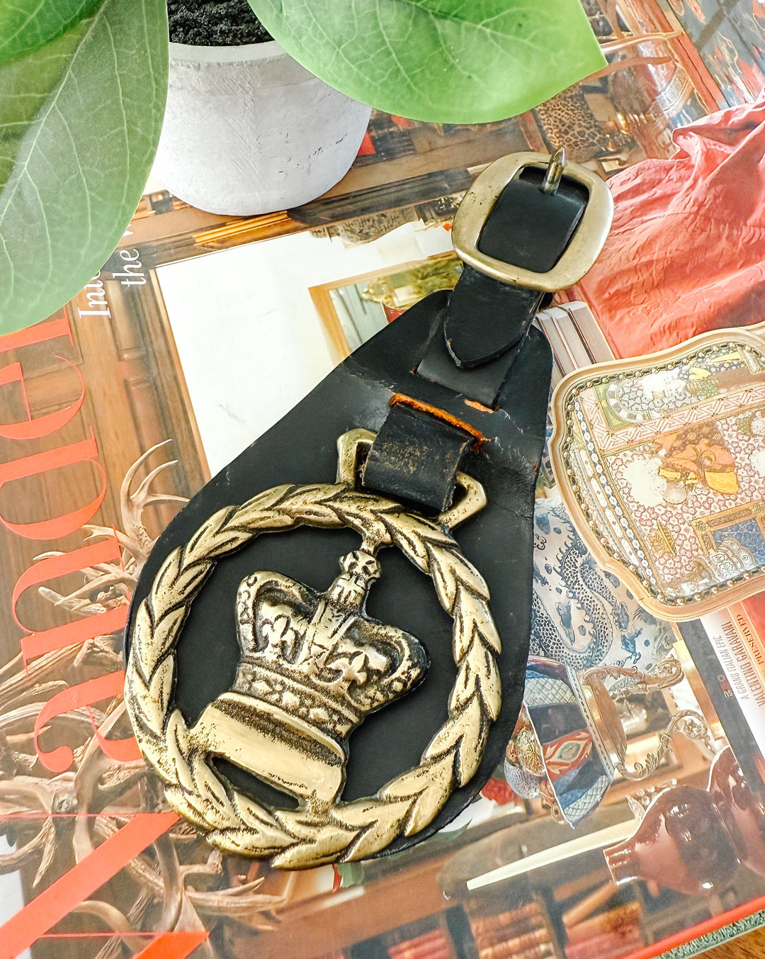 Antique British Royal Crown on Leather Military Horse Medallion
