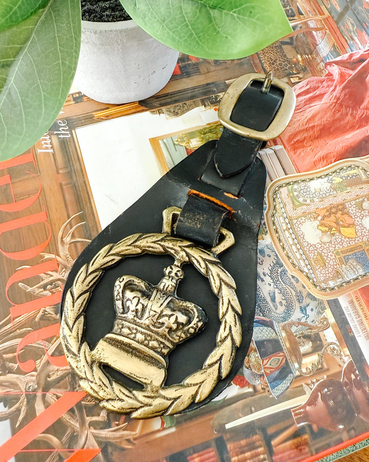 Antique British Royal Crown on Leather Military Horse Medallion
