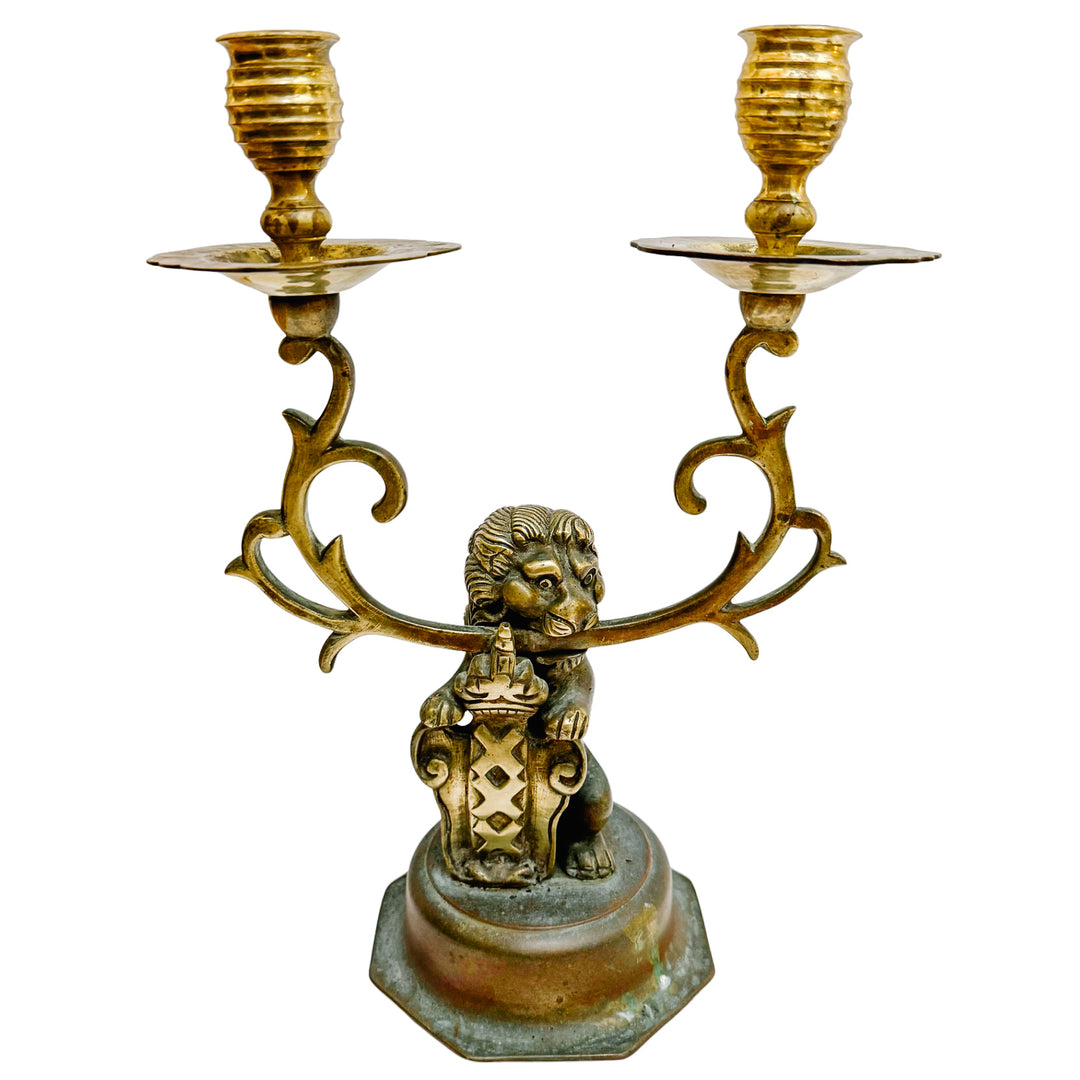 Antique Dutch Heraldic Brass Lion and Shield Two-Arm Candelabras