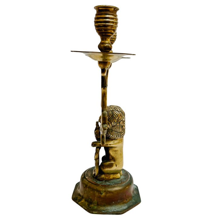 Antique Dutch Heraldic Brass Lion and Shield Two-Arm Candelabras