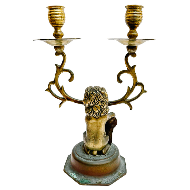 Antique Dutch Heraldic Brass Lion and Shield Two-Arm Candelabras