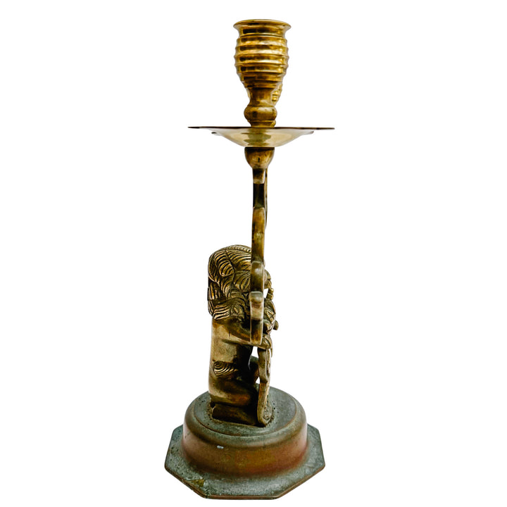 Antique Dutch Heraldic Brass Lion and Shield Two-Arm Candelabras