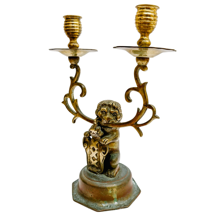 Antique Dutch Heraldic Brass Lion and Shield Two-Arm Candelabras