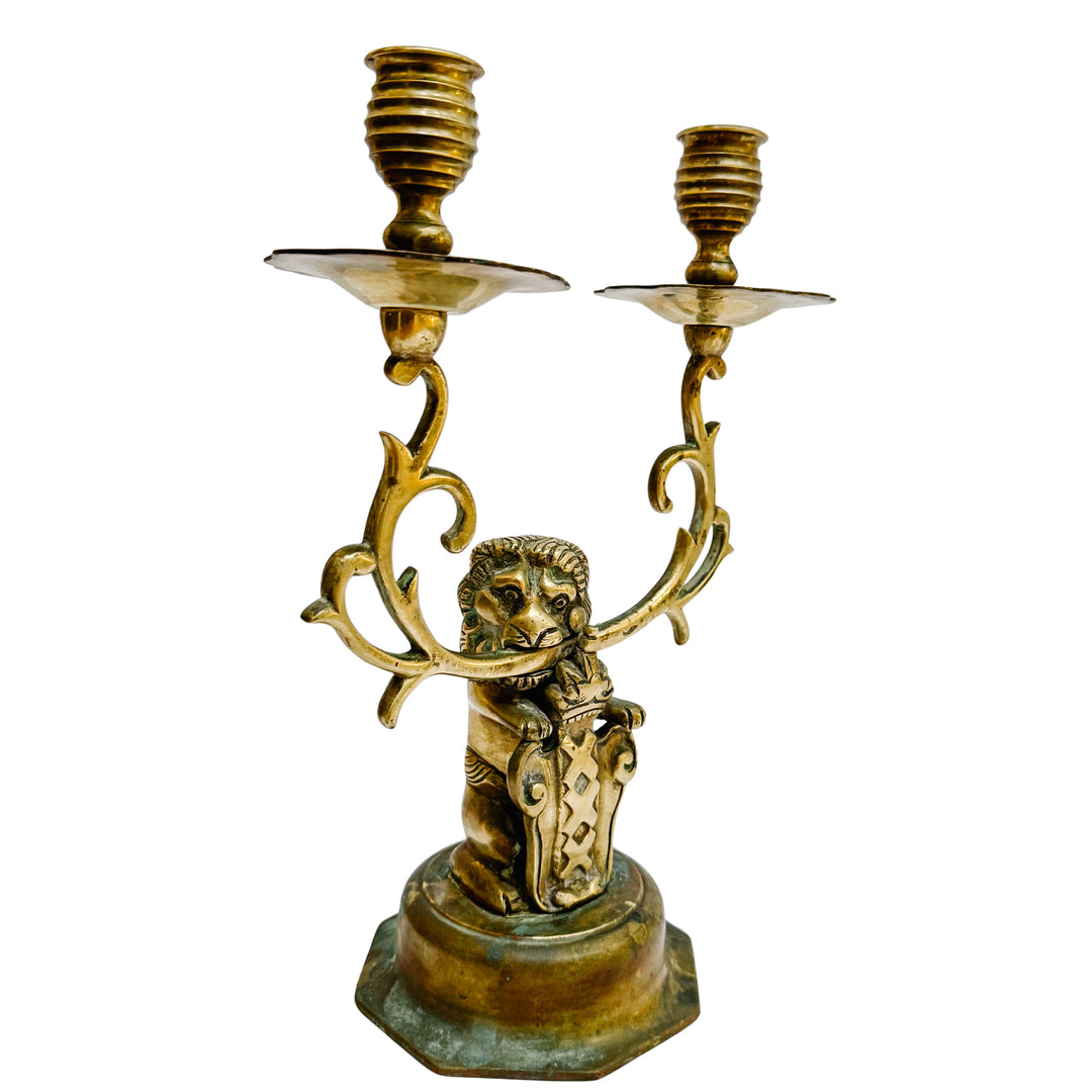 Antique Dutch Heraldic Brass Lion and Shield Two-Arm Candelabras