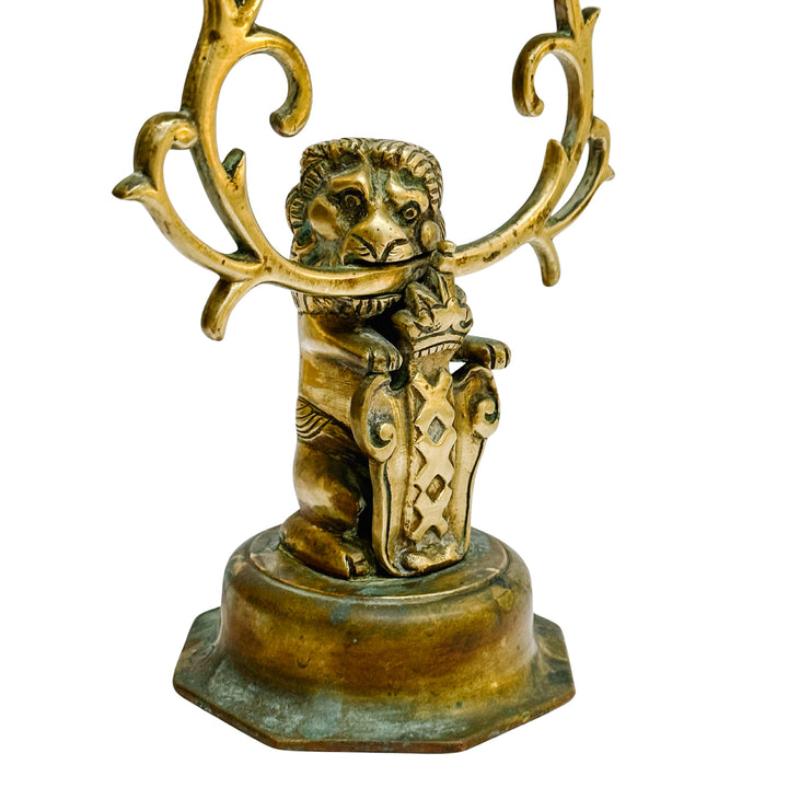 Antique Dutch Heraldic Brass Lion and Shield Two-Arm Candelabras