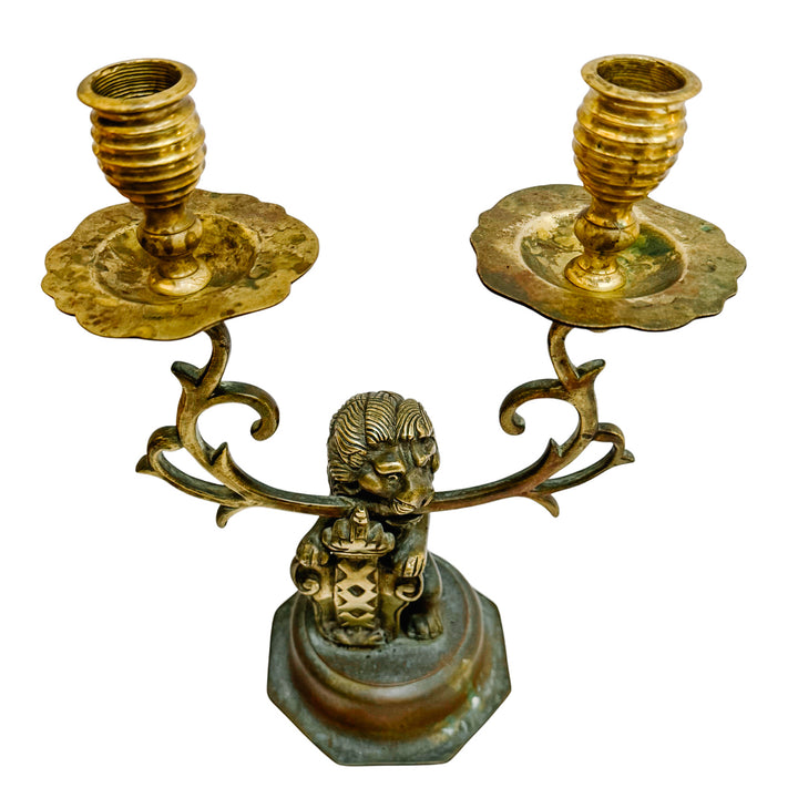 Antique Dutch Heraldic Brass Lion and Shield Two-Arm Candelabras