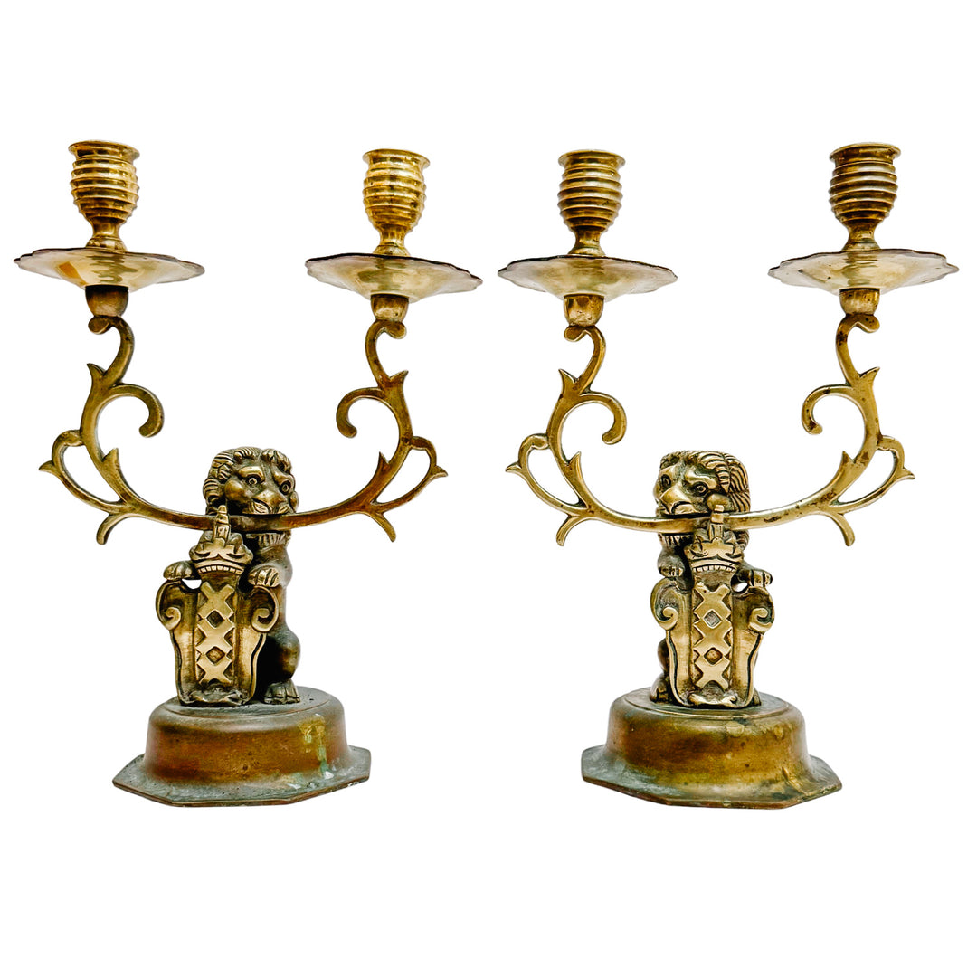 Antique Dutch Heraldic Brass Lion and Shield Two-Arm Candelabras