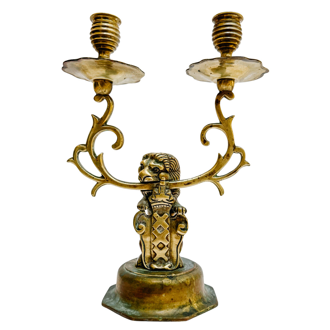 Antique Dutch Heraldic Brass Lion and Shield Two-Arm Candelabras