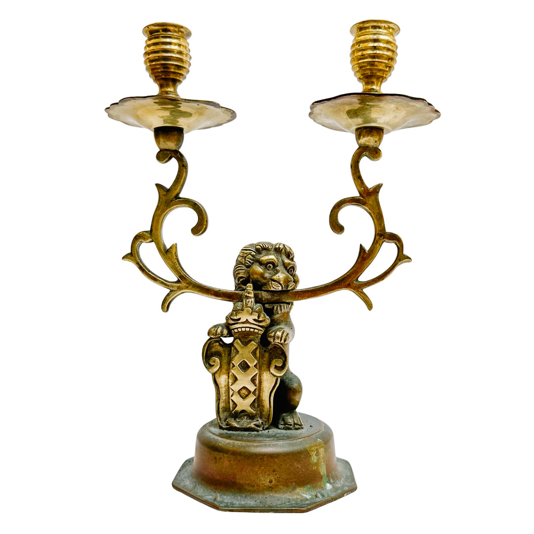 Antique Dutch Heraldic Brass Lion and Shield Two-Arm Candelabras