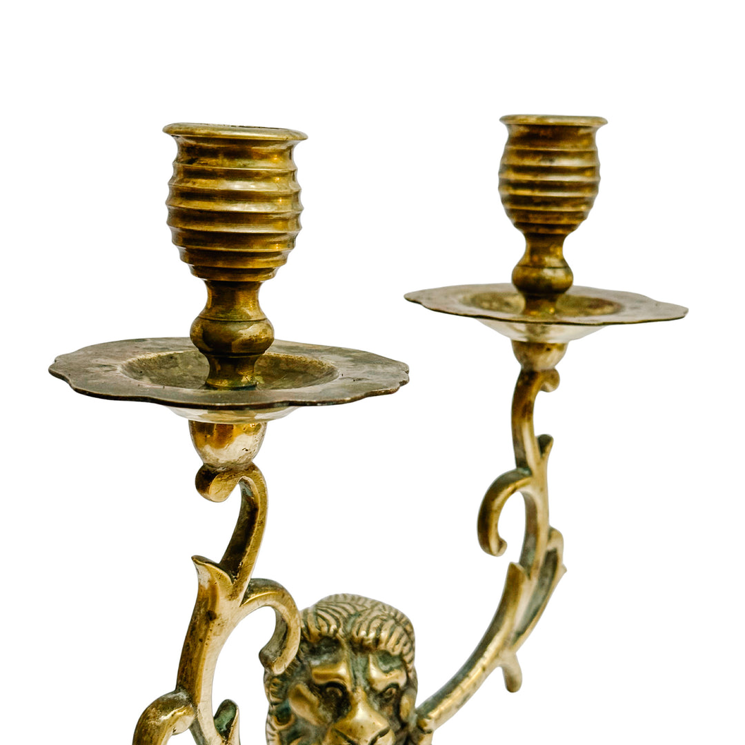 Antique Dutch Heraldic Brass Lion and Shield Two-Arm Candelabras