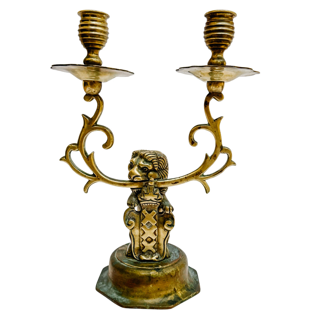 Antique Dutch Heraldic Brass Lion and Shield Two-Arm Candelabras