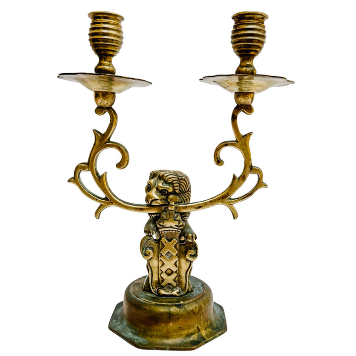 Antique Dutch Heraldic Brass Lion and Shield Two-Arm Candelabras