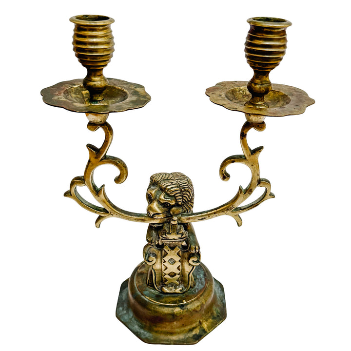 Antique Dutch Heraldic Brass Lion and Shield Two-Arm Candelabras