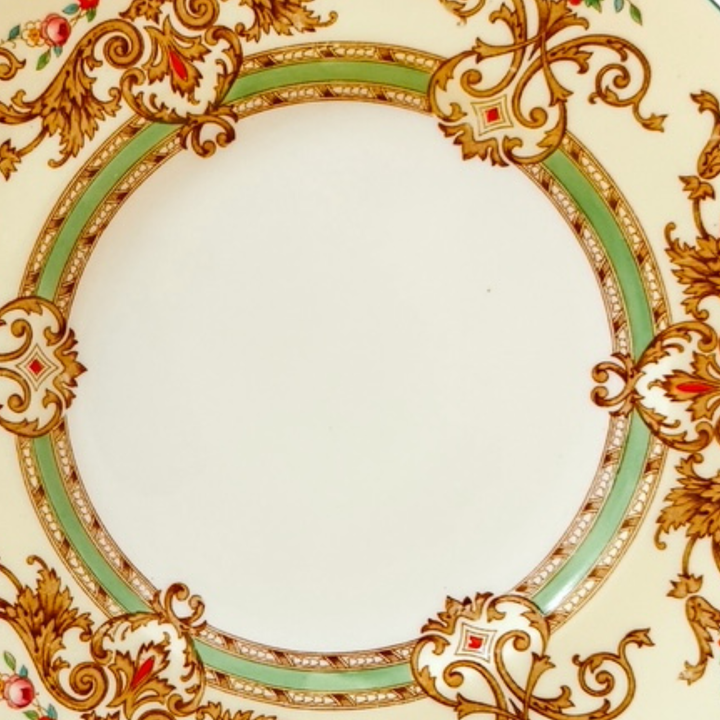 Antique English Cauldon Bone China Salad Plates With Raised Enamel & Gold Scrollwork, Set of 12