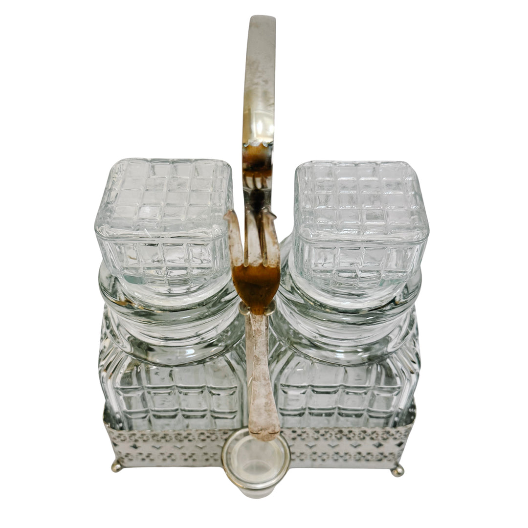 Antique English Silver Plated & Cut Glass Pickle Jars Pair in Original Caddy With Fork