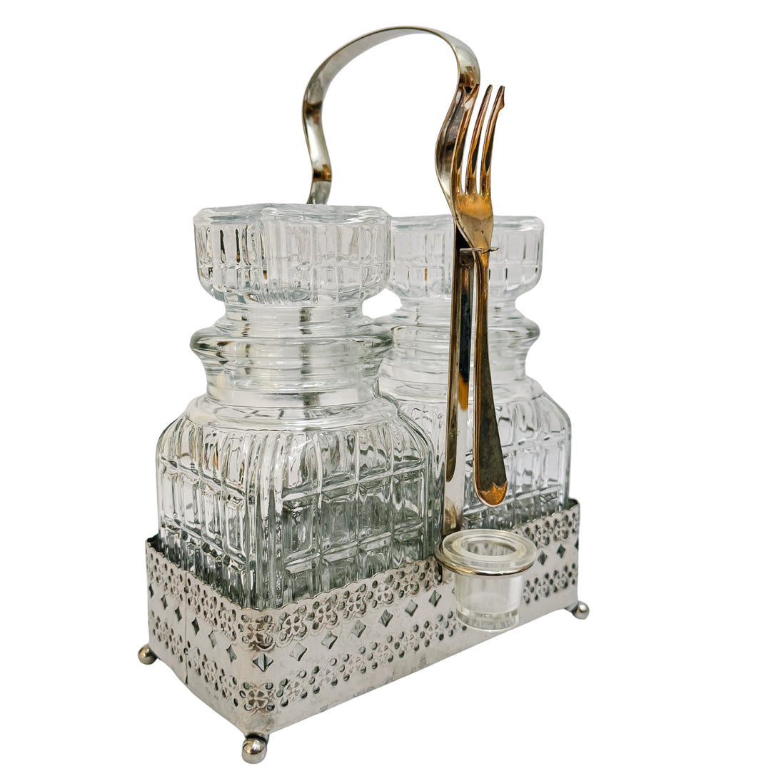 Antique English Silver Plated & Cut Glass Pickle Jars Pair in Original Caddy With Fork