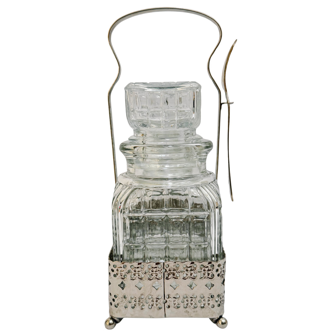 Antique English Silver Plated & Cut Glass Pickle Jars Pair in Original Caddy With Fork