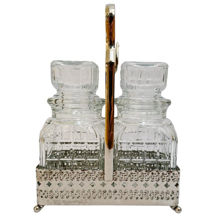 Antique English Silver Plated & Cut Glass Pickle Jars Pair in Original Caddy With Fork