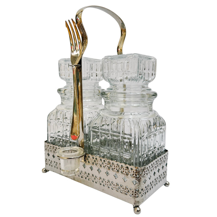 Antique English Silver Plated & Cut Glass Pickle Jars Pair in Original Caddy With Fork