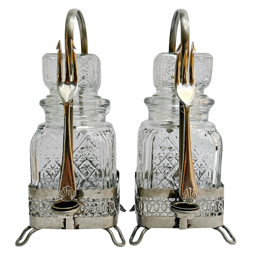 Antique English Silver Plated & Cut Glass Pickle Jars Pair in Original Caddy With Forks