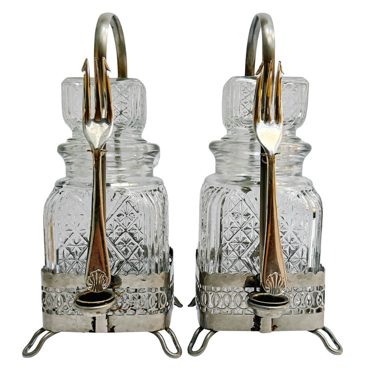 Antique English Silver Plated & Cut Glass Pickle Jars Pair in Original Caddy With Forks
