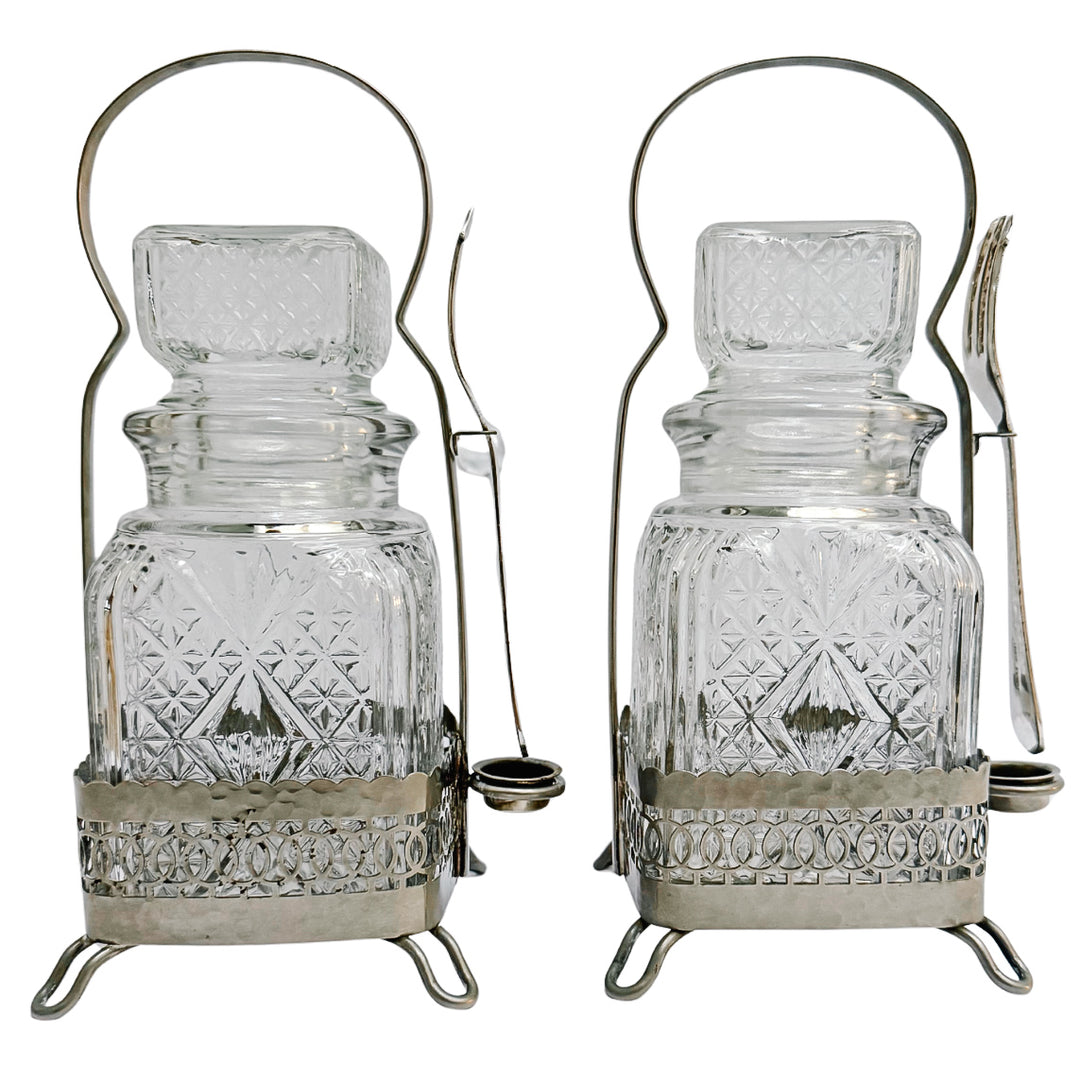 Antique English Silver Plated & Cut Glass Pickle Jars Pair in Original Caddy With Forks