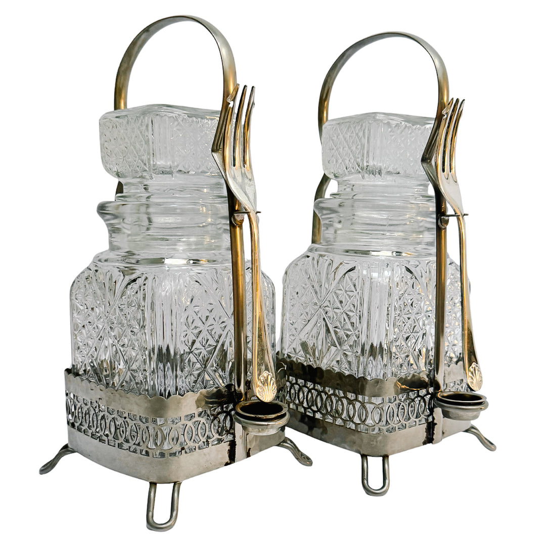 Antique English Silver Plated & Cut Glass Pickle Jars Pair in Original Caddy With Forks