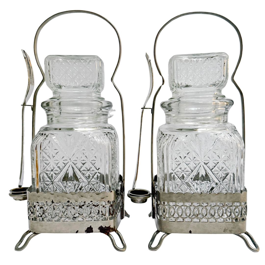 Antique English Silver Plated & Cut Glass Pickle Jars Pair in Original Caddy With Forks