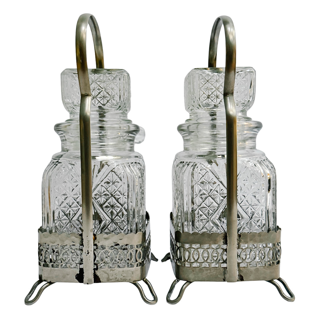 Antique English Silver Plated & Cut Glass Pickle Jars Pair in Original Caddy With Forks