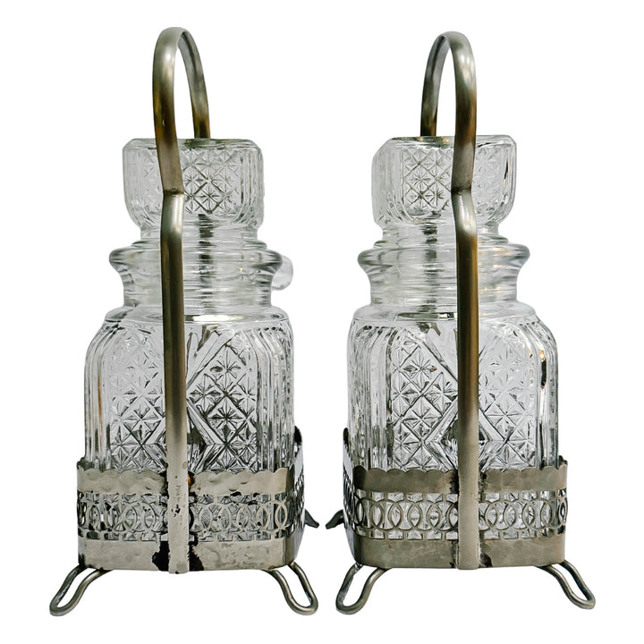Antique English Silver Plated & Cut Glass Pickle Jars Pair in Original Caddy With Forks