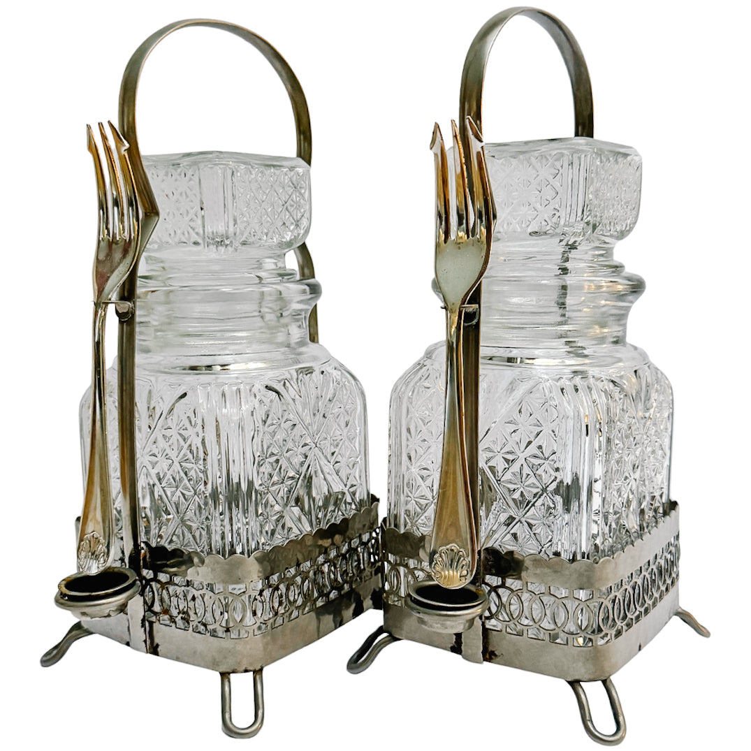 Antique English Silver Plated & Cut Glass Pickle Jars Pair in Original Caddy With Forks