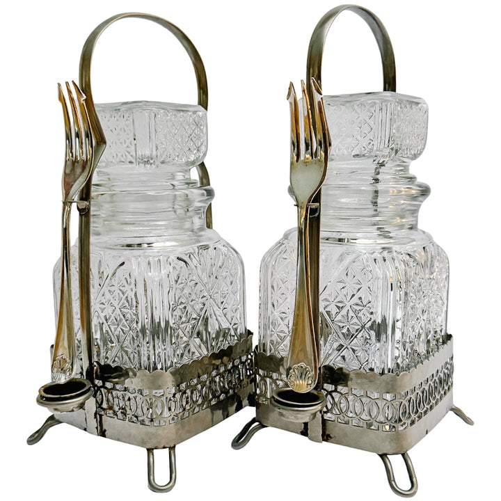 Antique English Silver Plated & Cut Glass Pickle Jars Pair in Original Caddy With Forks