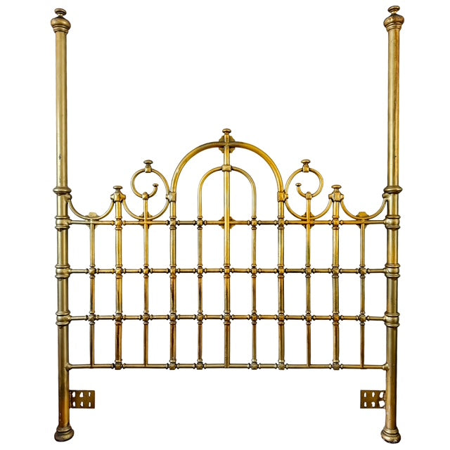 Antique English Victorian Solid Brass Full Size Headboard, Tall Post,  Arched Scrollwork