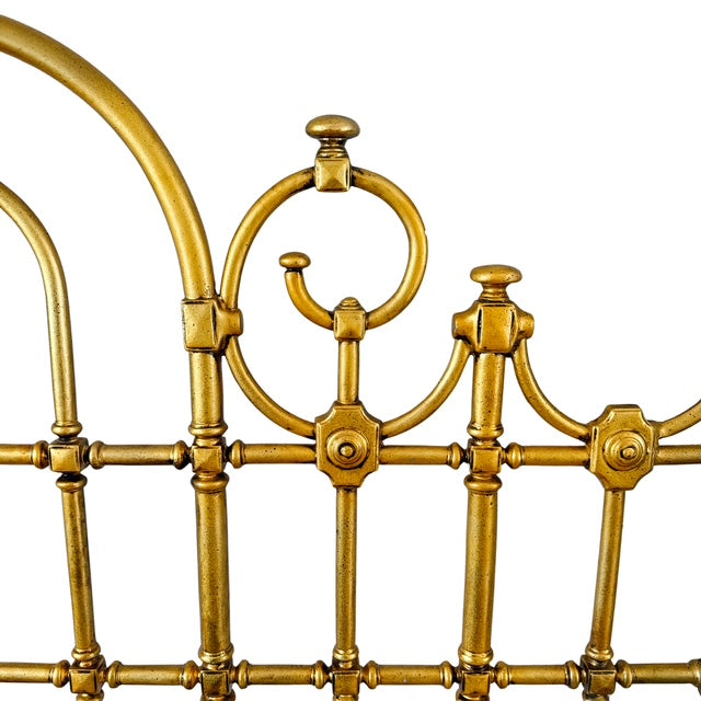 Antique English Victorian Solid Brass Full Size Headboard, Tall Post,  Arched Scrollwork