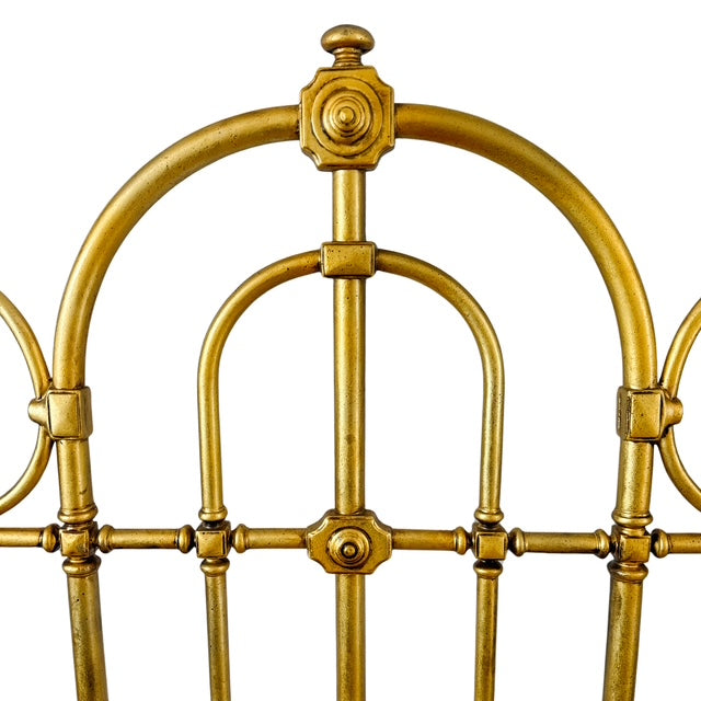 Antique English Victorian Solid Brass Full Size Headboard, Tall Post,  Arched Scrollwork