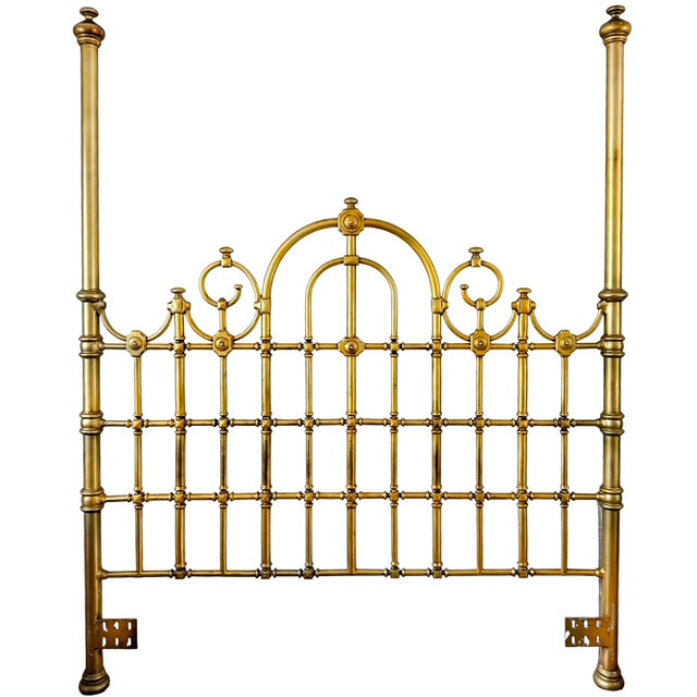 Antique English Victorian Solid Brass Full Size Headboard, Tall Post,  Arched Scrollwork