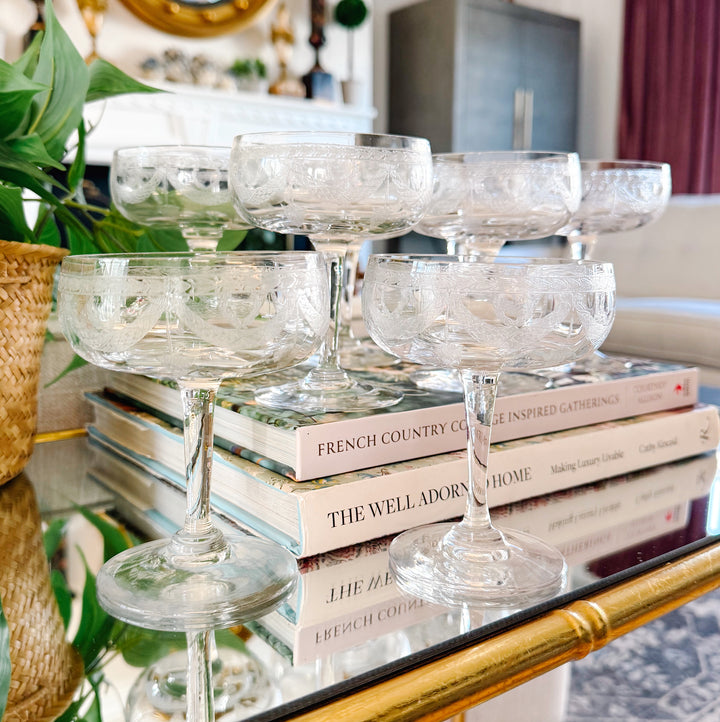 French Antique Laurel & Swag Crystal Guilloché Champagne Coupes, Set of 8