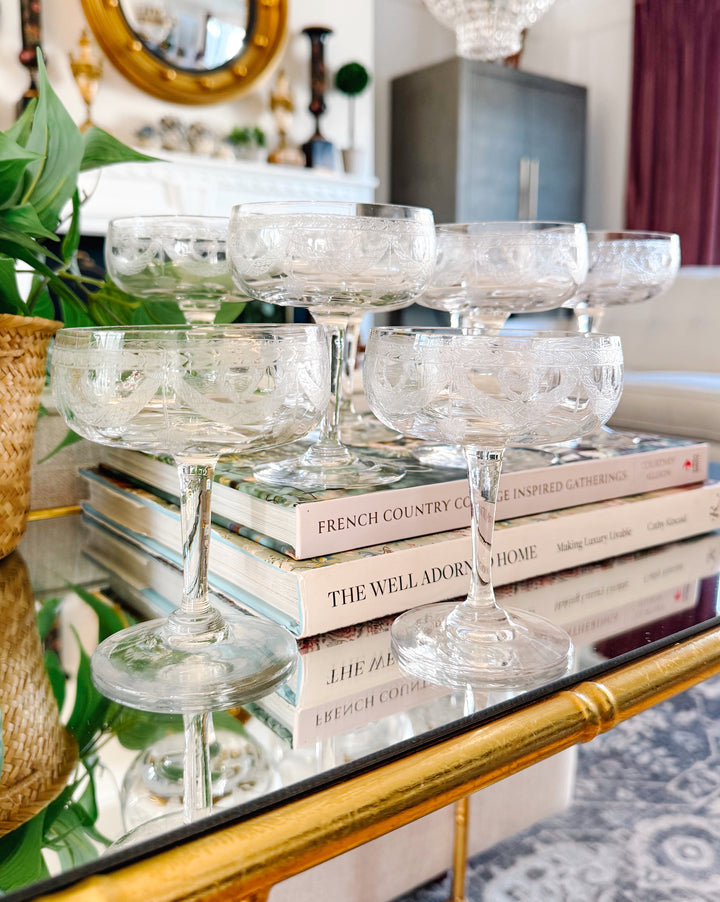 French Antique Laurel & Swag Crystal Guilloché Champagne Coupes, Set of 8