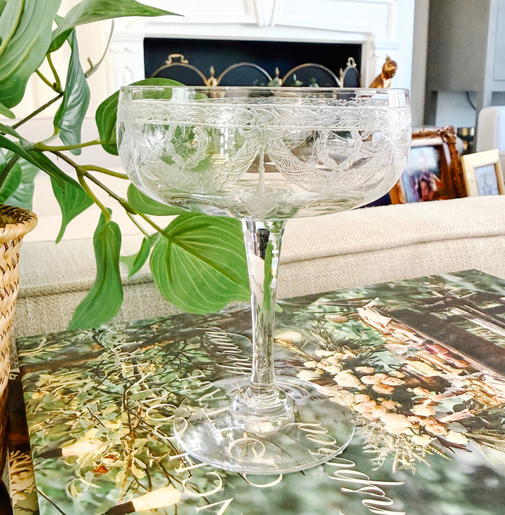 French Antique Laurel & Swag Crystal Guilloché Champagne Coupes, Set of 8