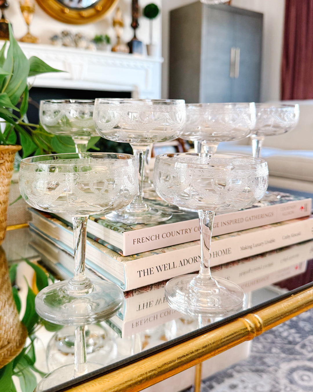 French Antique Laurel & Swag Crystal Guilloché Champagne Coupes, Set of 8