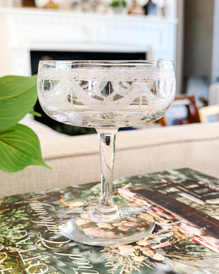 French Antique Laurel & Swag Crystal Guilloché Champagne Coupes, Set of 8