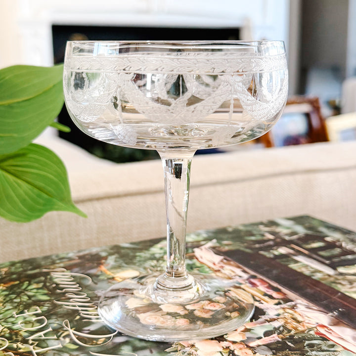 French Antique Laurel & Swag Crystal Guilloché Champagne Coupes, Set of 8
