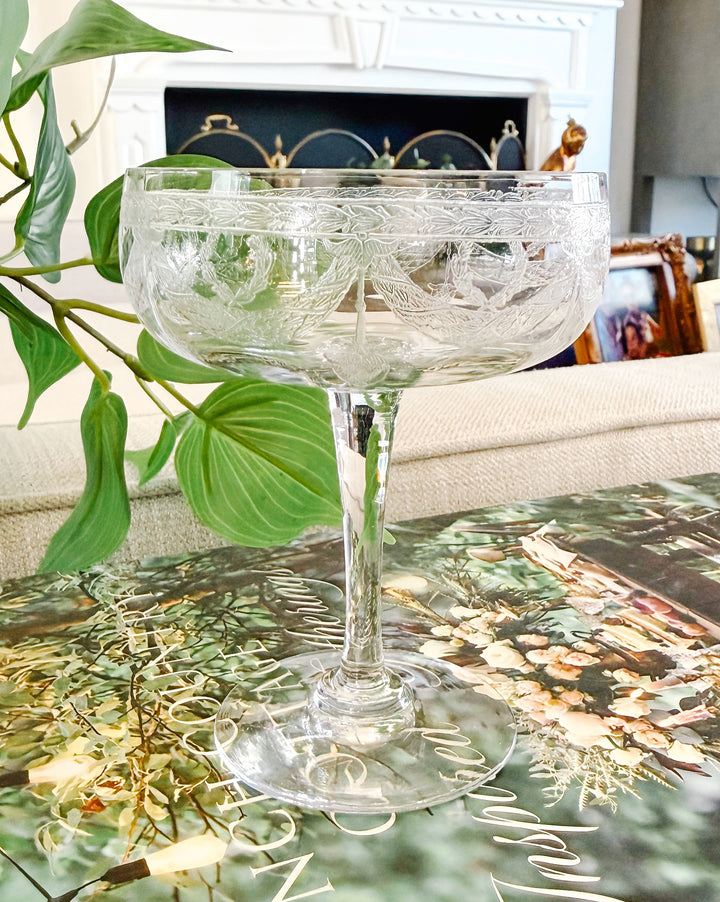 French Antique Laurel & Swag Crystal Guilloché Champagne Coupes, Set of 8