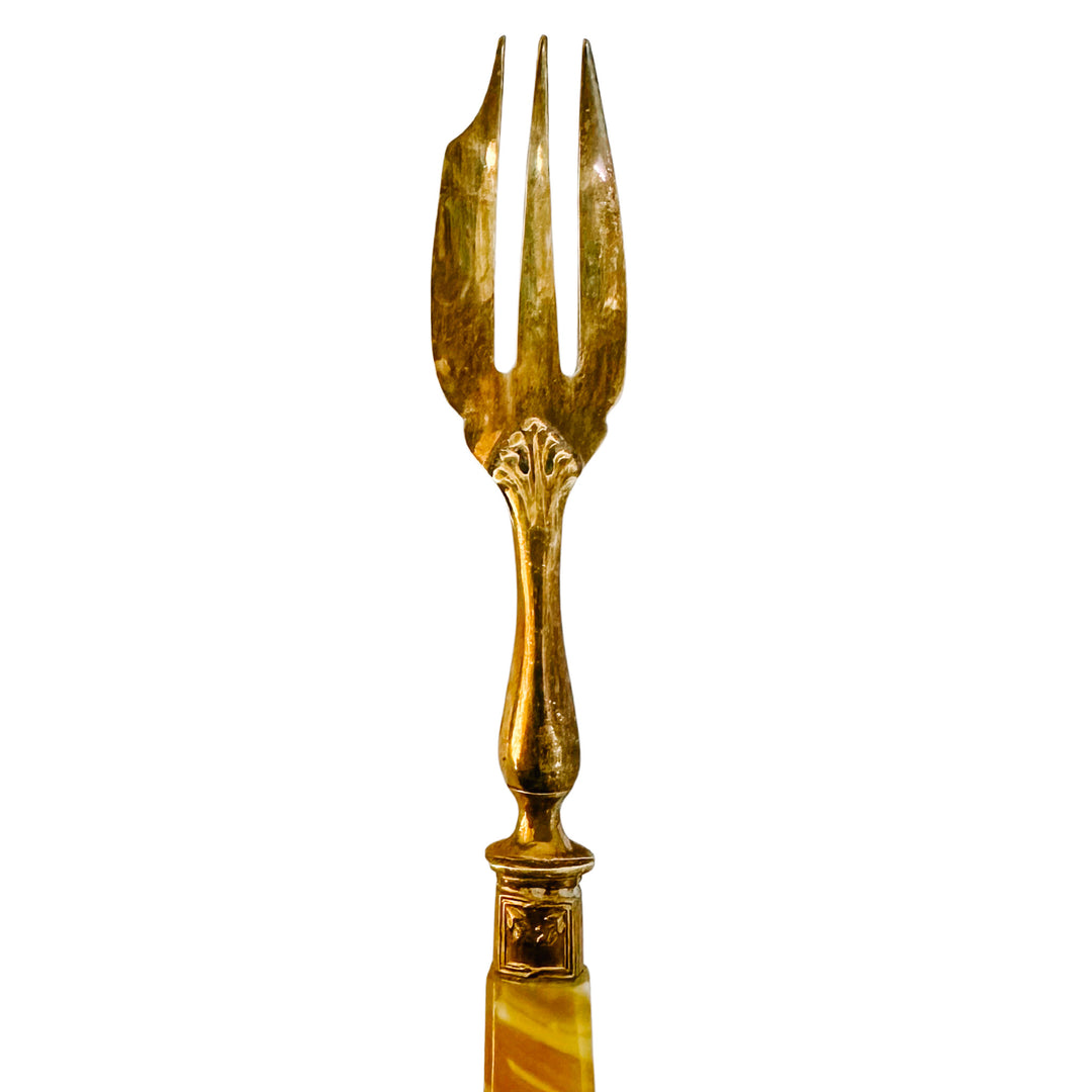 Antique French Fruit / Dessert Bronze Forks With Amber Swirl Handles