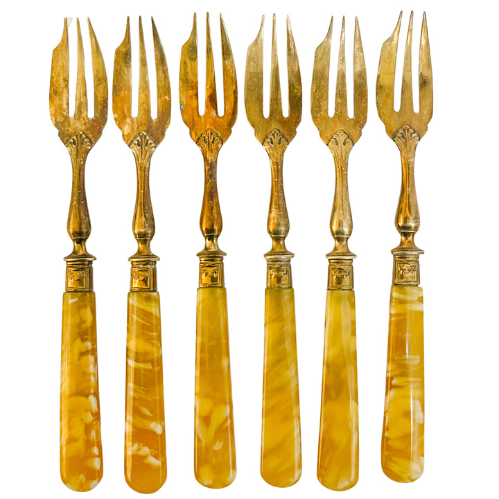 Antique French Fruit / Dessert Bronze Forks With Amber Swirl Handles