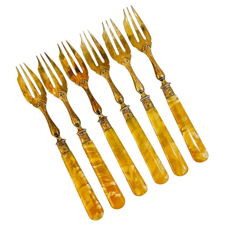 Antique French Fruit / Dessert Bronze Forks With Amber Swirl Handles