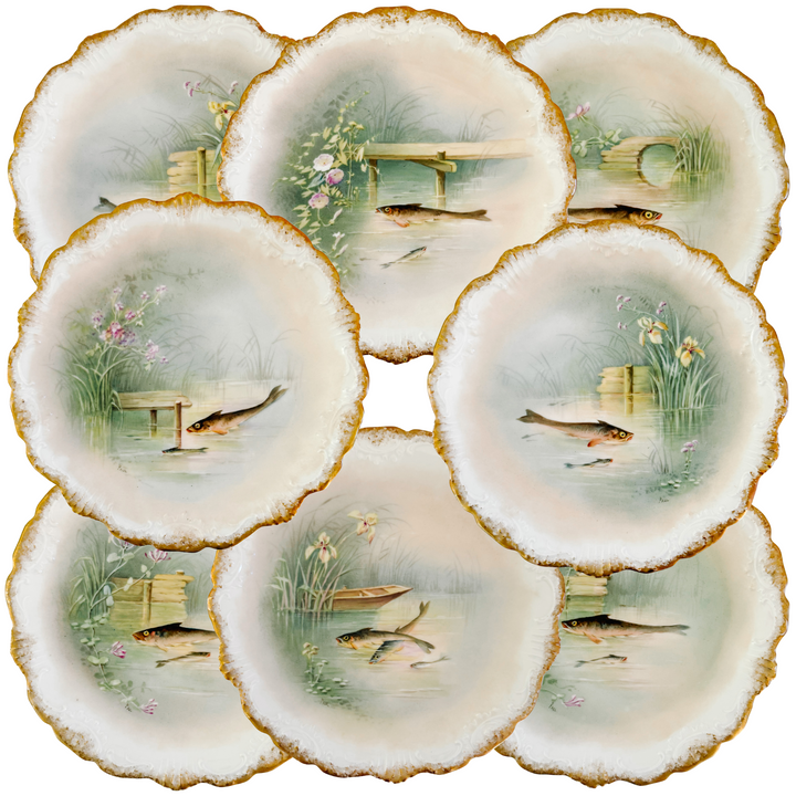 Antique French Limoges Hand-Painted Fish Plates by Coiffe et Cie